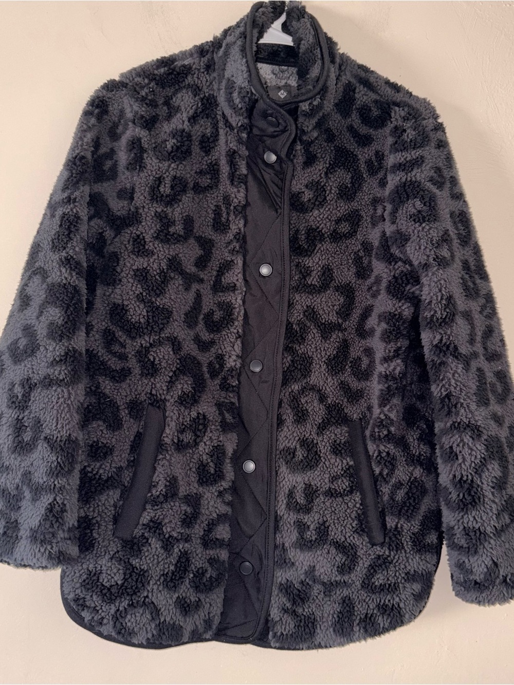 Member's Mark Charcoal Gray Black Leopard Cozy Sherpa Snap Front Jacket Small - Picture 2 of 4